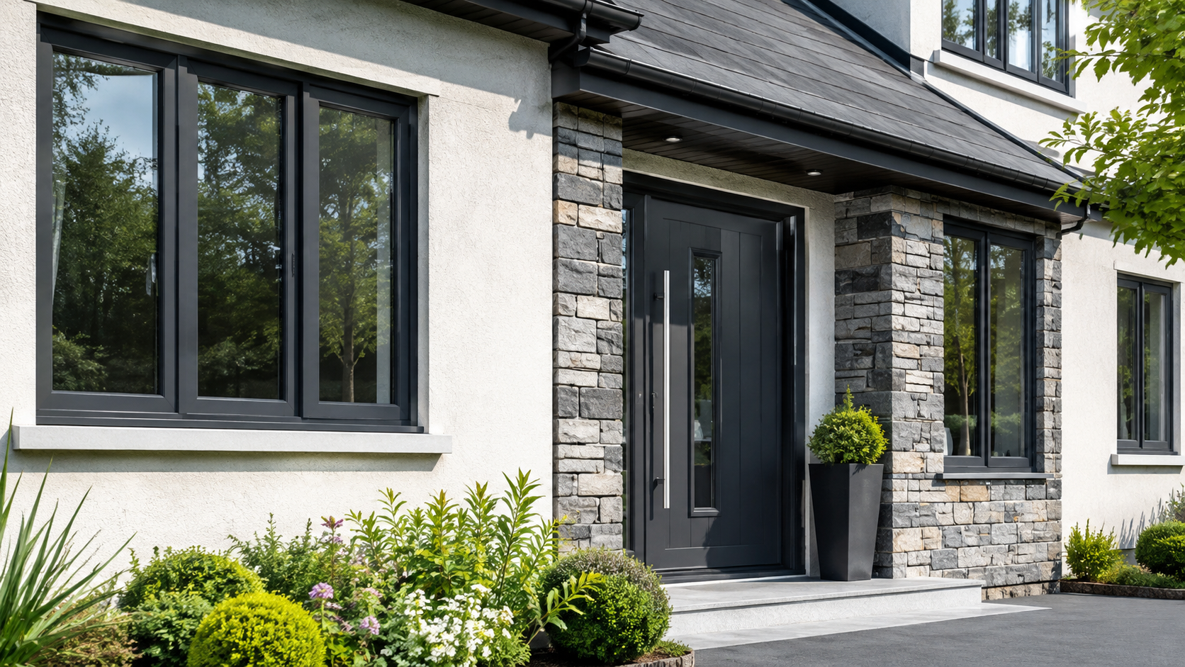 Anthracite grey windows and composite front door on a stone-clad home in Carlow | Farrell Exteriors