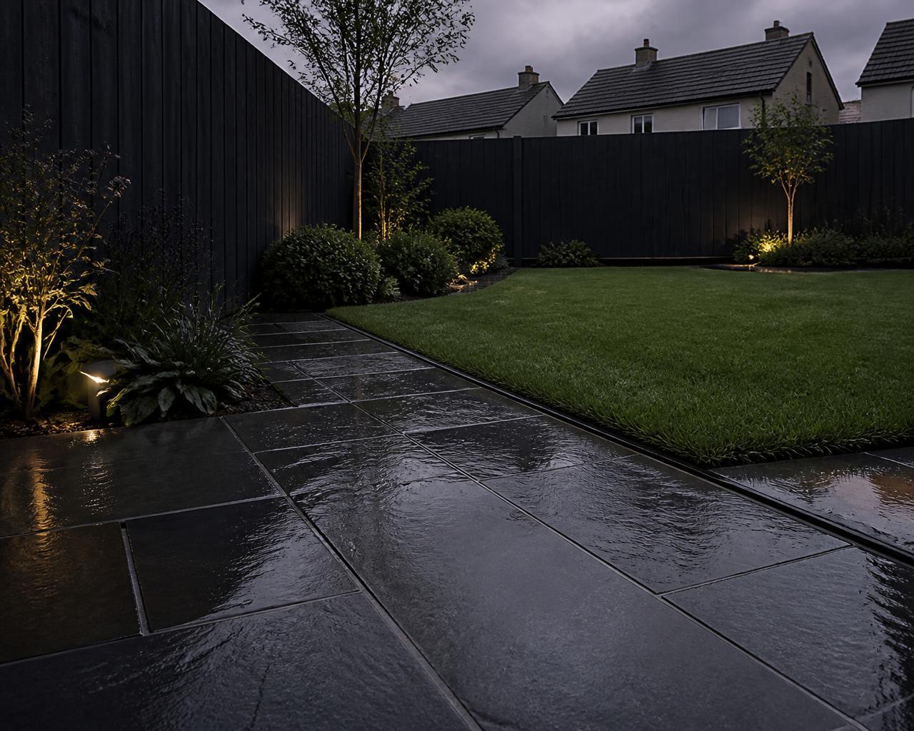 Natural stone paving path beside a fresh turf lawn and dark fencing in Laois | Farrell Exteriors