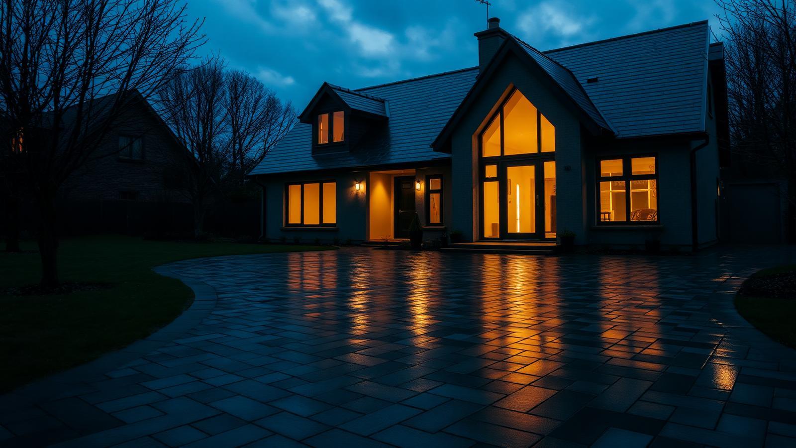 Newly laid block paved driveway in front of an Irish home at dusk with warm lit windows | Farrell Exteriors