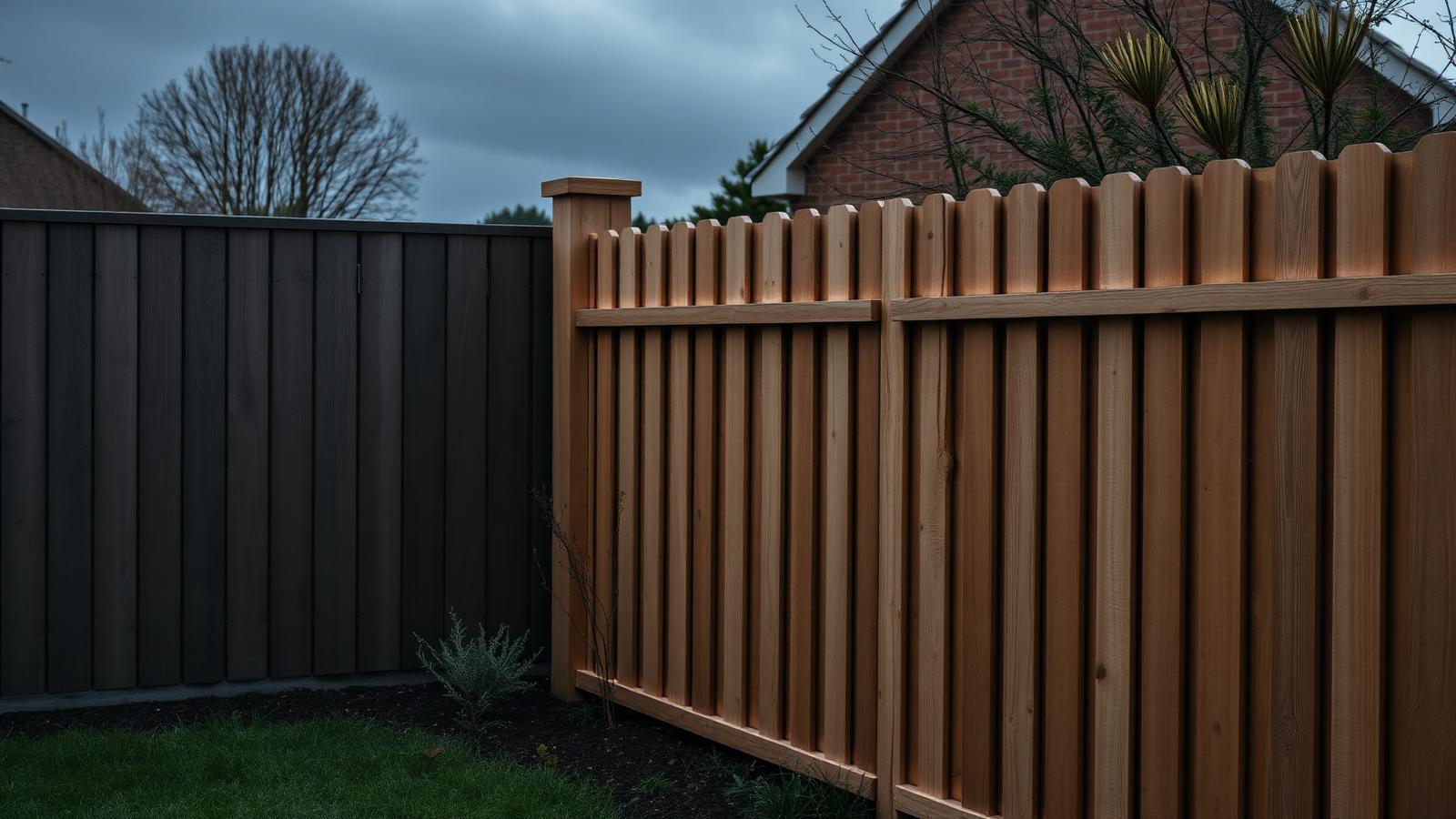 New timber garden fence beside a dark composite fence panel in an Irish garden on a damp overcast day | Farrell Exteriors