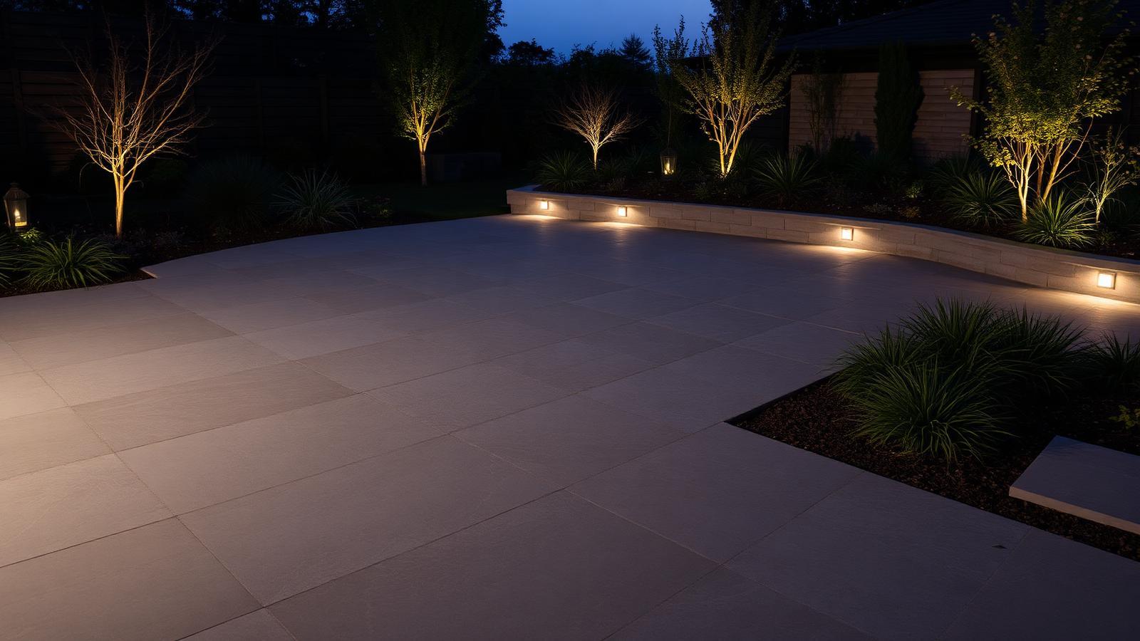 Grey porcelain patio meeting natural limestone paving in a landscaped garden lit at dusk | Farrell Exteriors