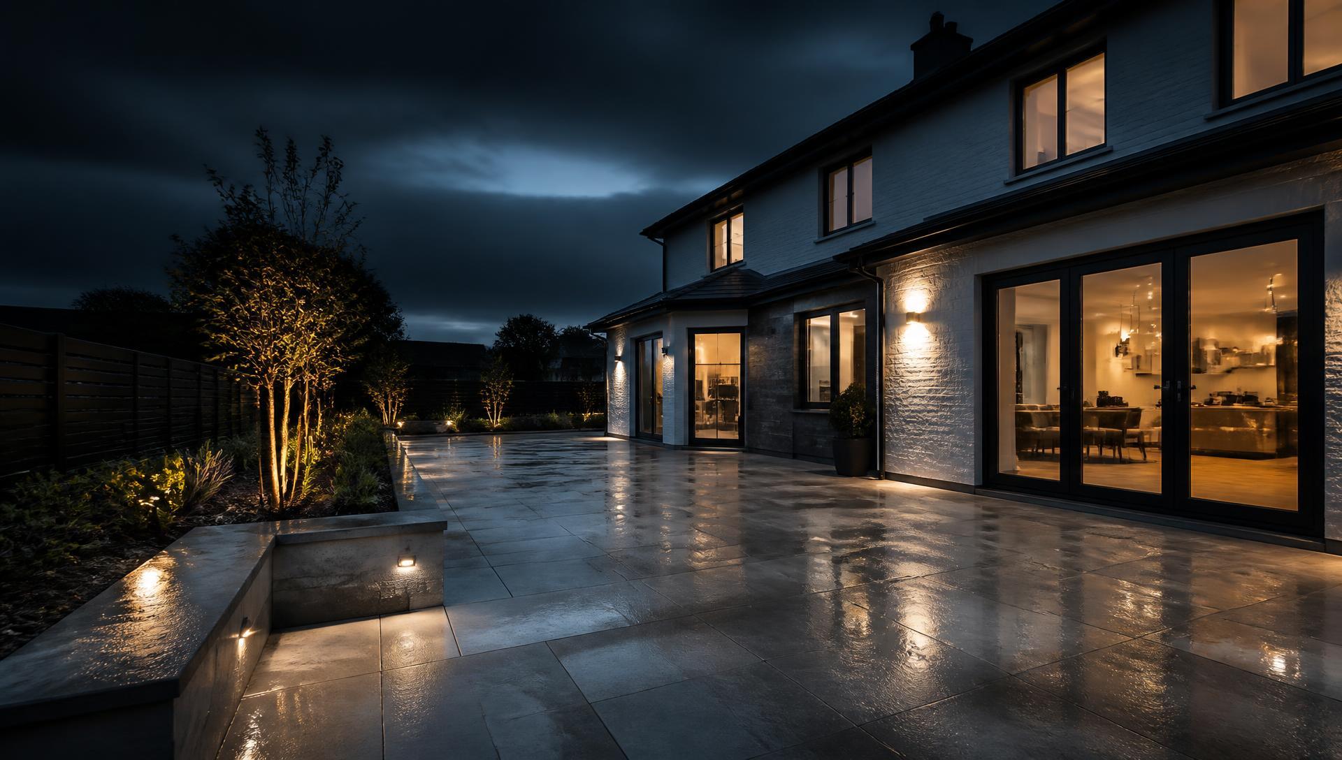 Illuminated porcelain paving patio at dusk outside a modern Irish home | Farrell Exteriors